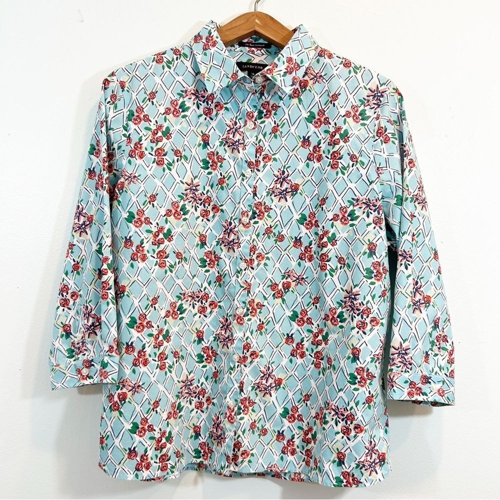 Lands' End Women's No Iron Supima Cotton Blue Floral Trellis Button Down Shirt